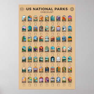 US National Parks of America Checklist Vintage Poster