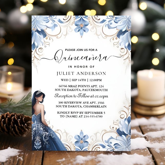 Us Ombre ivory Ice Sky Gold Royal Blue Quinceanera Invitation (Creator Uploaded)