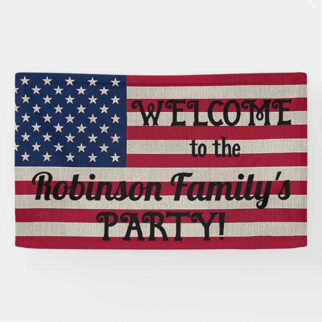 US Patriotic American Flag Linen Calligraphy Text Banner (Horizontal)
