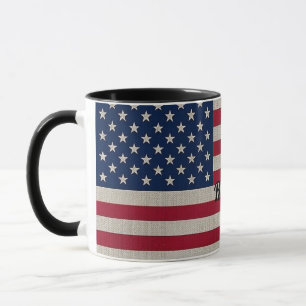 US Patriotic American Flag Linen Calligraphy Text Mug