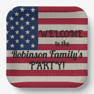 US Patriotic American Flag Linen Calligraphy Text Paper Plate
