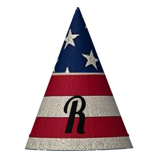US Patriotic American Flag Linen Monogram Text Party Hat
