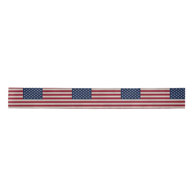 US Patriotic American Flag on Linen Fabric  Satin Ribbon (Front)