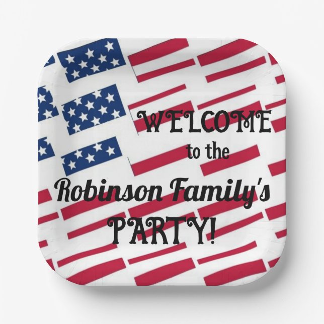 US Patriotic American Flag Tiles Calligraphy Text  Paper Plate (Front)