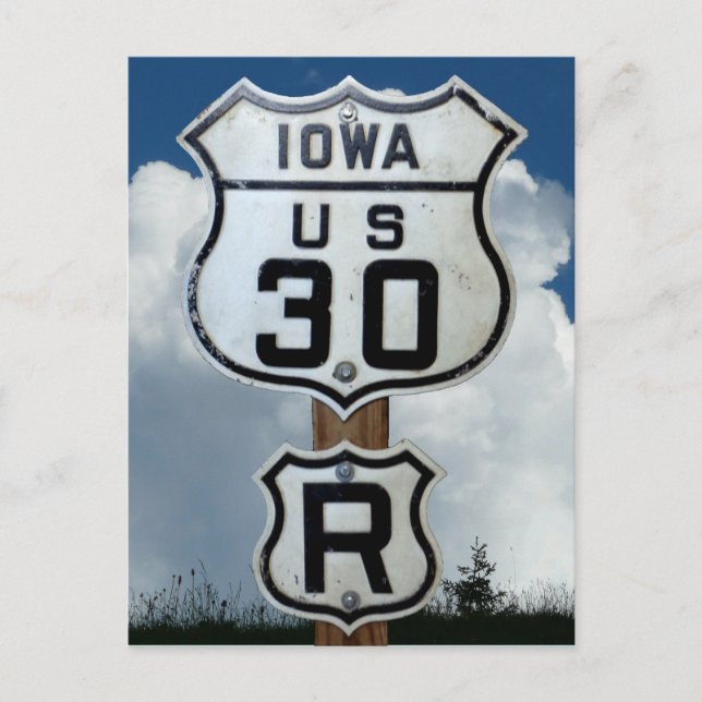 US Route 30, Iowa, Rare "R" sign, Lincoln Highway Postcard (Front)
