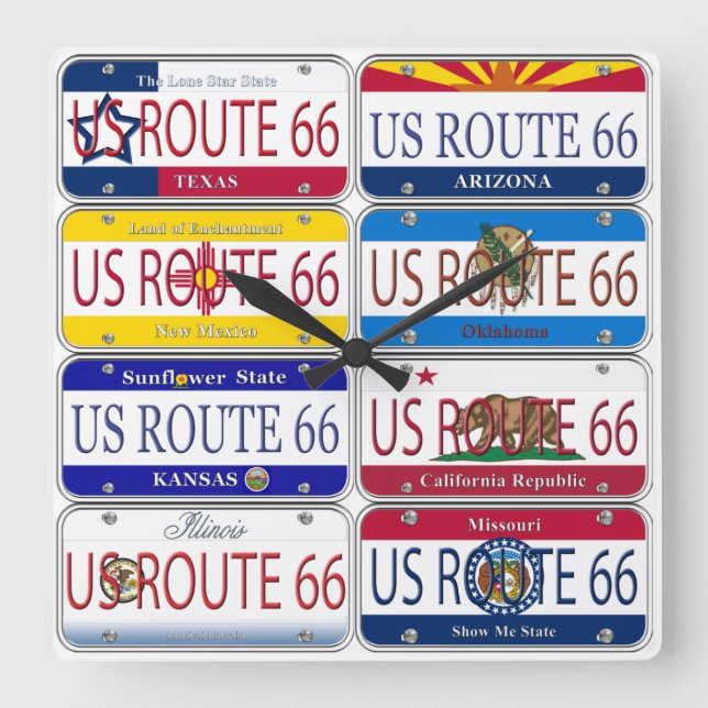 US ROUTE 66 All 8 States Vanity Plates Square Wall Clock (Front)