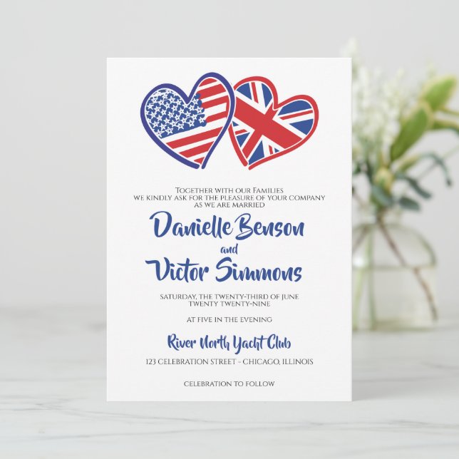US UK Heart Flags Wedding Invitation (Standing Front)