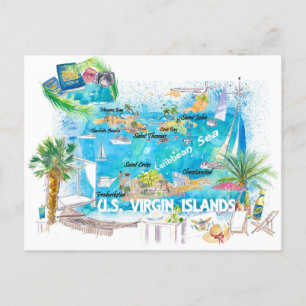 US Virgin Islands Illustrated Travel Map  Postcard
