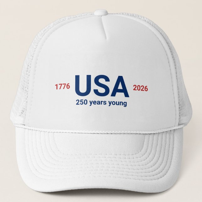 USA 1776 2026 250th Anniversary Red White Blue Trucker Hat (Front)