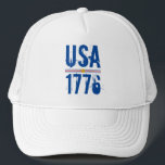 USA 1776 TRUCKER HAT<br><div class="desc">USA and 1776 in a unique font is printed on this unisex trucker hat highlighted with red and blue stripes and a gold star. MATCHING items in our store.</div>