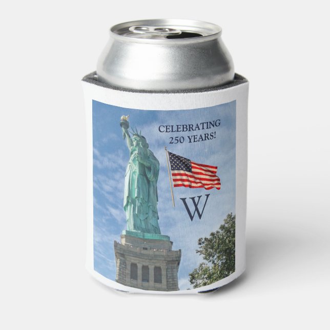 USA 250 American Flag Statue of Liberty Monogram  Can Cooler (Can Back)