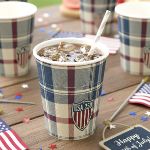 USA 250 American Plaid Shield Motif ID1301 Paper Cups