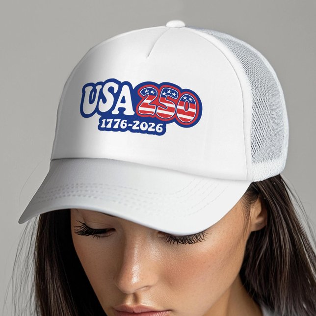 USA 250 - America's 250th Birthday Red White Blue Trucker Hat (USA 250 Trucker Hat - Celebrate America)
