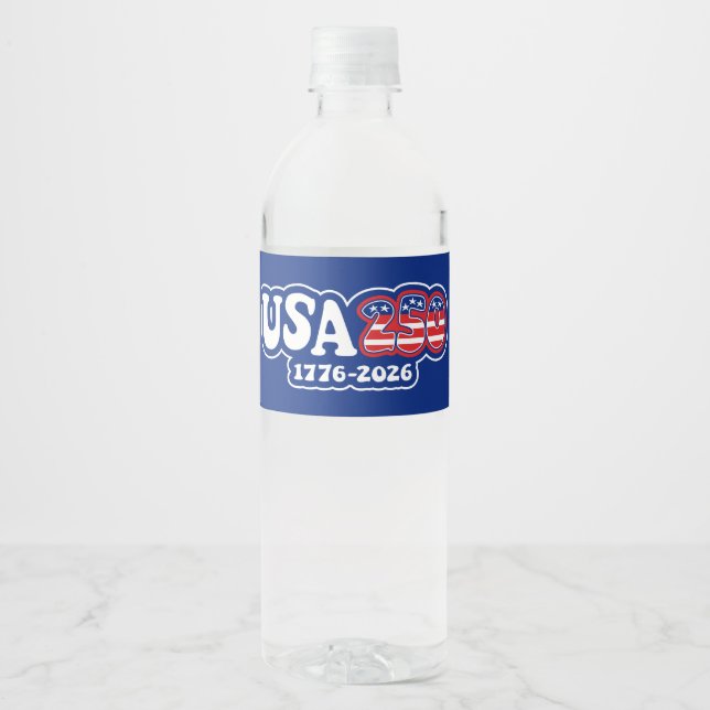 USA 250 - America's 250th Birthday Red White Blue Water Bottle Label (Front)