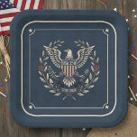 USA 250 Patriotic Eagle Heritage Motif Navy ID1299 Paper Plate<br><div class="desc">This elegant heritage design features a majestic hand-drawn bald eagle with a commemorative "USA 250" striped shield. The eagle is framed by a graceful laurel wreath, classic red floral accents, and a "1776–2026" banner celebrating the American semiquincentennial. Set against a deep navy blue, textured background with a starred border frame,...</div>