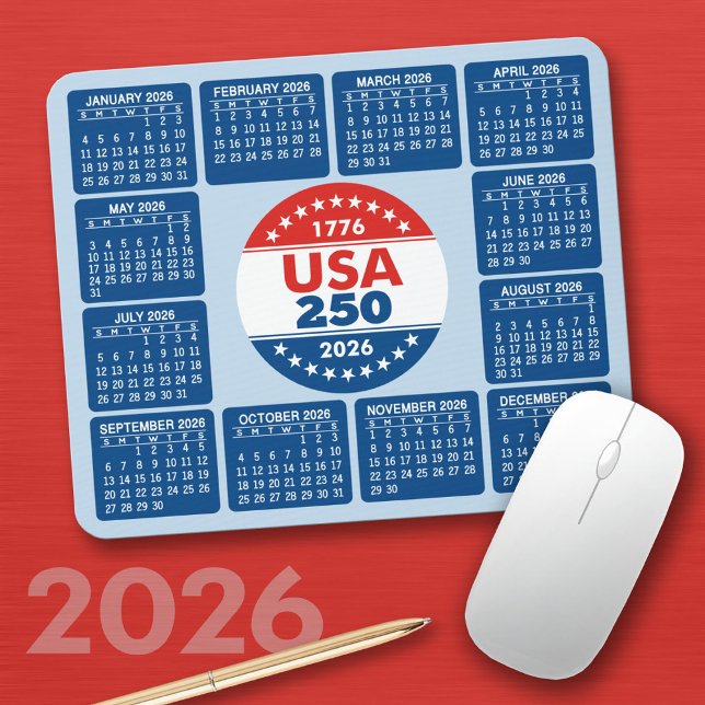 USA 250 with 2026 Calendar - Red White Blue Mouse Pad (2026 Calendar on a Mousepad)