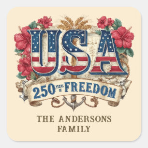 USA 250 Years Of Freedom Personalized Family Name Square Sticker