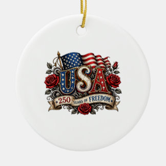 USA 250 Years of Freedom Red Rose Vintage American Ceramic Tree Decoration