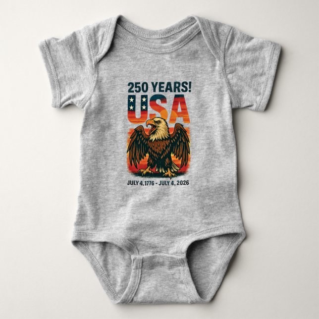 USA 250 Years – Patriotic Bald Eagle July 4th 2026 Baby Bodysuit (Front)