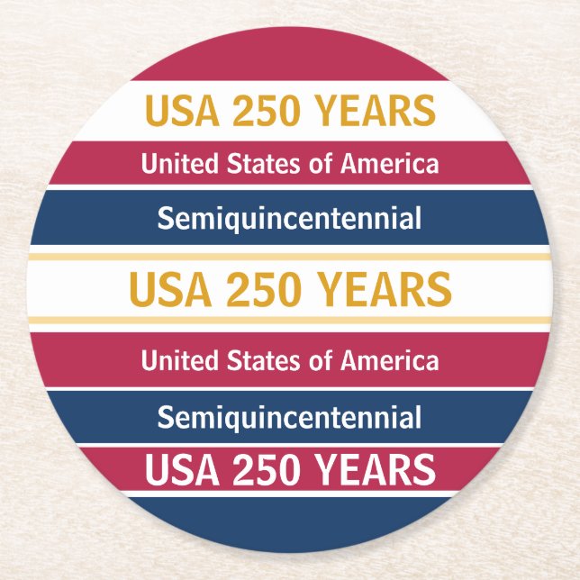 USA 250 Years Semiquincentennial Patriotic Stripes Round Paper Coaster (Front)