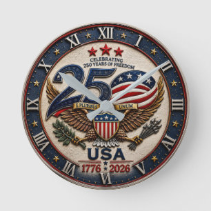 USA 250th Anniversary 1776–2026 Patriotic Bald Round Clock