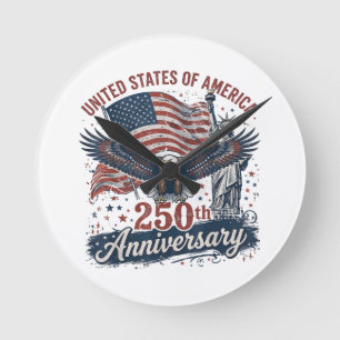USA 250th Anniversary Bald Eagle Statue of Liberty Round Clock