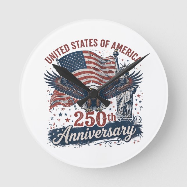 USA 250th Anniversary Bald Eagle Statue of Liberty Round Clock (Front)