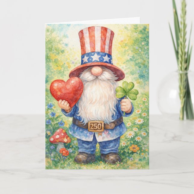 USA 250th Anniversary Patriotic Gnome Heart Shamro Card (Front)
