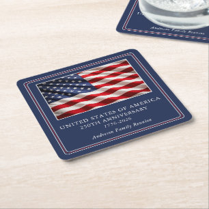 USA 250th Anniversary Patriotic Party Navy Blue Square Paper Coaster
