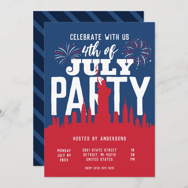 USA 4th of July Fireworks Colourful Party Invitation (Front/Back)