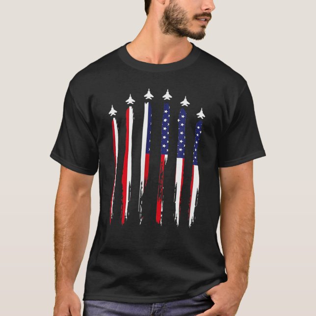USA Airplane Jet Fighter 4th American Flag Of July T-Shirt (Front)