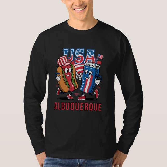 USA Albuquerque Hotdog and Soda Cartoon T-Shirt (Front)