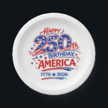 USA America 250th Anniversary Patriotic Paper Plate<br><div class="desc">Celebrate a once-in-a-lifetime milestone with this bold Happy 250th Birthday USA paper plate! Designed in vibrant red, white, and blue with festive stars and patriotic flair, this eye-catching design proudly honors America’s 250th anniversary. Perfect to show off your American pride in style, whether for 4th of July parties party, patriotic...</div>