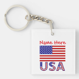 USA America Flag Red Personalised Square Key Ring
