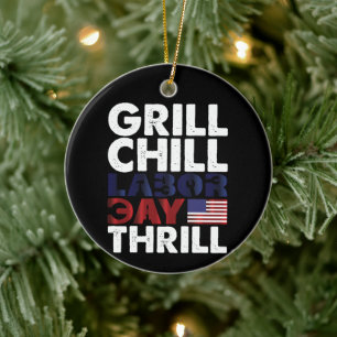 Usa America Grill Chill Labour Day Thrill BBQ Part Ceramic Tree Decoration