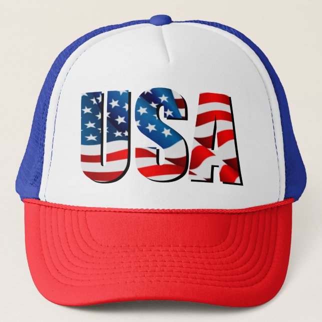 USA American 4th of July Memorial red white blue  Trucker Hat (Front)