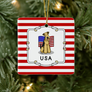 USA American Flag Airedale Terrier Dog - Cute Ceramic Ornament