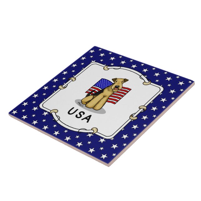 USA American Flag Airedale Terrier Dog - Cute Tile (Side)