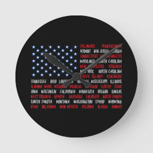 USA American Flag All 50 State Names Round Clock