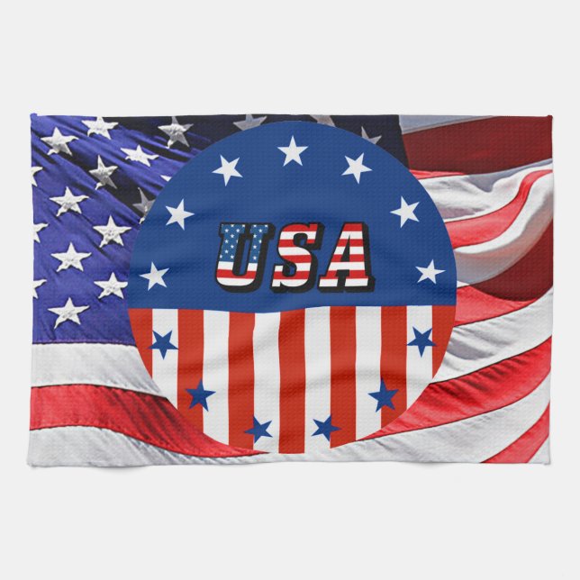 USA - American Flag and Stars in Circle Tea Towel (Horizontal)