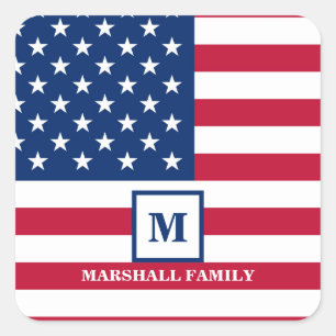 USA American Flag Customised Monogram 4th Of July Square Sticker
