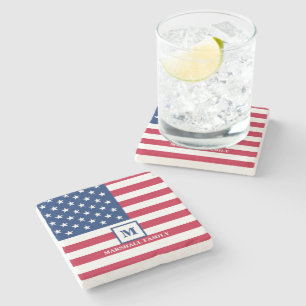 USA American Flag Customised Monogram 4th Of July Stone Coaster