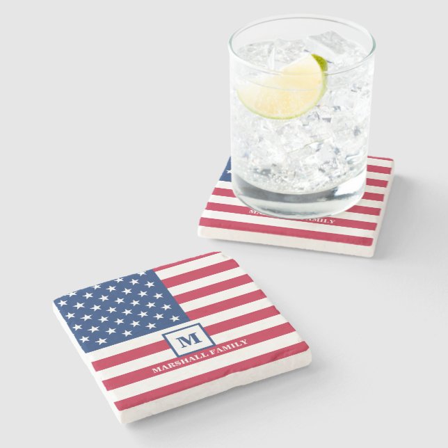 USA American Flag Customised Monogram 4th Of July Stone Coaster (Side)