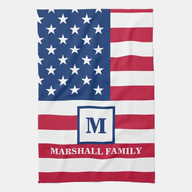 USA American Flag Customised Monogram 4th Of July Tea Towel (Vertical)