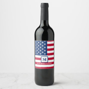 USA American Flag Customised Monogram 4th Of July Wine Label