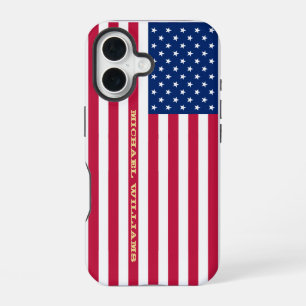 USA American Flag Gold Monogrammed Patriotic Tough iPhone 16 Case