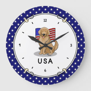 USA American Flag Golden Retriever Dog Large Clock