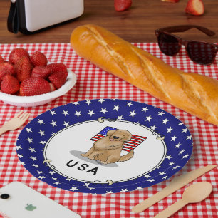 USA American Flag Golden Retriever Dog Patriotic Paper Plate