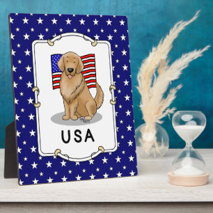 USA American Flag Golden Retriever Dog Patriotic Plaque