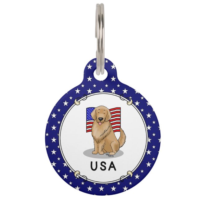 USA American Flag Golden Retriever Dog Pet Tag (Front)